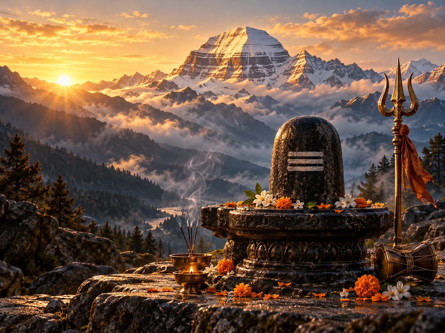 कैलाश पर्वत से प्रेरित कलात्मक दृश्य: शिवलिंग, त्रिशूल और सुनहरी भोर